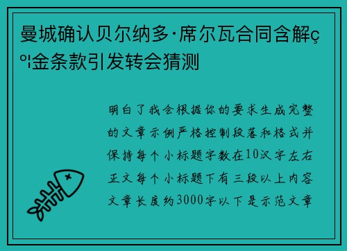 曼城确认贝尔纳多·席尔瓦合同含解约金条款引发转会猜测